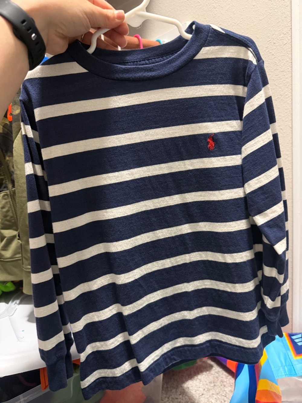 Ralph Lauren Navy & White Striped Long-Sleeve Tee with Red Polo Logo